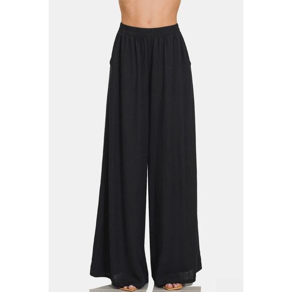 ZENANA Black Wide Leg Pleated Linen Blend Pants NEW Misses Pockets - Picture 1 of 6
